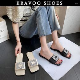 Slippers Kravoo Shoes for Women Rhinestone Square Buckle Peep Toe Talons bas Sands pour femmes Sandals plage des plages 2024 Été