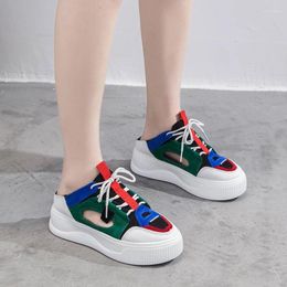 Slippers Lace Up Mixed Color Mules Women Creepers Cutout Slides Platform Shoes Woman Student Sandalias Breathable Mesh Cover Toe
