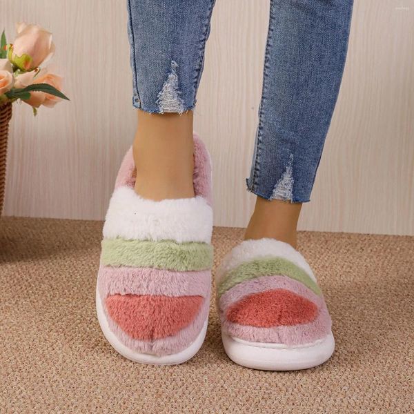 Slippers Ladies Colored Plush Closed Toe Thick Sole For Women Autumn Winter Warm Cotton Zapatos Para Mujeres