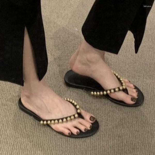 Pantoufles dames chaussures 2023 string femmes été solide perlé plage femme plat claquettes Zapatillas De Mujer