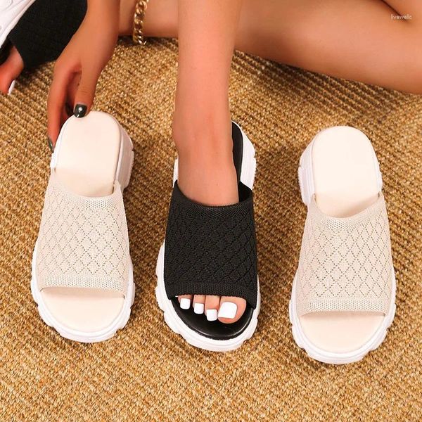 Zapatillas señoras cuña tejida plataforma de malla Mujer Sandalias deportivas verano Casual sólido suave zapatos planos playa diapositivas Sandalias Mujer