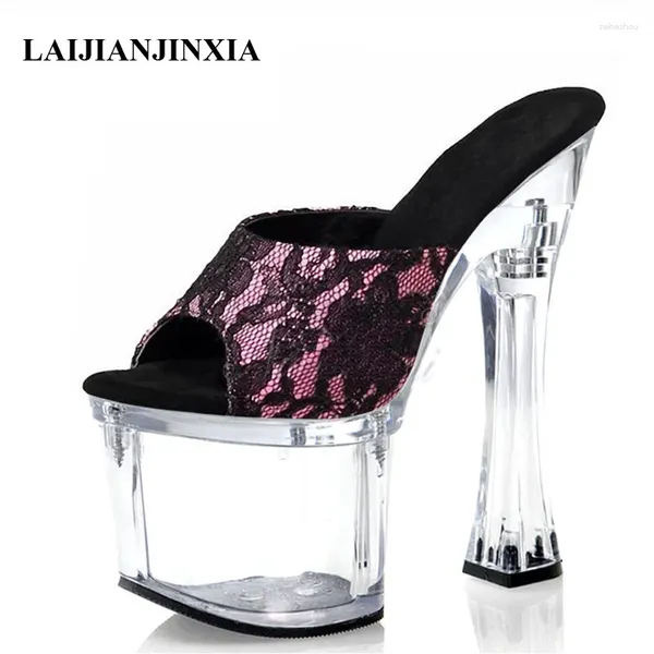 Pantoufles laijianjinxia 7 pouces chaussures super hautes talons clairs talons en dentelle sexy fétiche de 18 cm de plate-forme d'épaisseur fête