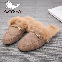 Zapatillas LazySeal Fur Mujeres Diapositivas Damas Negro Zapatos femeninos al aire libre Diapositivas Verano Invierno 100% Real Conejo Pelo Diseñador Primavera Calzado 231219