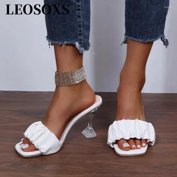 Slippers Leosoxs Sexy 2024 Designer Fashion plissée sandales femelles ouvertes ouvertes hautes talons Lady Pumps Dress Party Chaussures Femmes