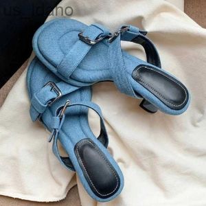 Slippers LeShion Van Vrouwen Medium Hakken Slides Dubbele Gesp Blauw Denim Slippers Jean Sandalen Dames Wit Leer Mule Slippers J230621