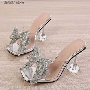 Pantoufles Liyke 2024 nouveau Transparent pour les femmes mode argent cristal Bowknot talons hauts femmes Mules diapositives sandales d'été chaussures H24229