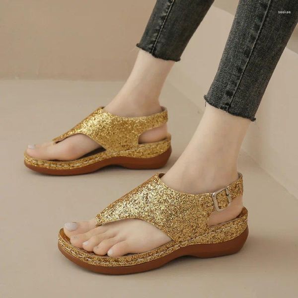 Pantoufles de luxe à paillettes dorées pour femmes, chaussures d'été à plateforme avec Clip et talons décontractés, grande taille 43, 2023