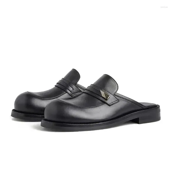 Zapatillas de lujo para hombres zapatos de cuero casuales medio vestido de negocios zapatos genuinos hombre diseñador diapositivas 2a