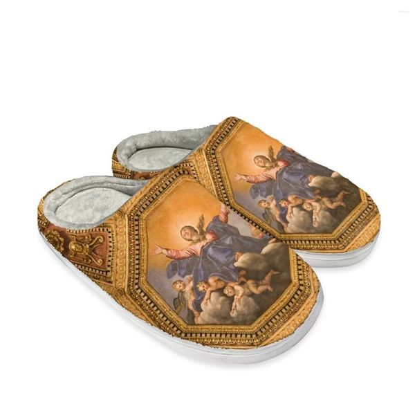 Zapatillas pintura de lujo para mujeres algodón diseño dorado franela cálida casa de invierno