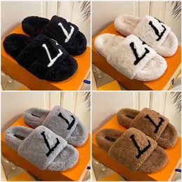 Slippers Luxe Sherpa Sandalen Alfabet Designer Schoenen Pluche Herfst Winter Platte Sandalen Effen Kleur Fuzzy Fluffy Slippers Dames Casual