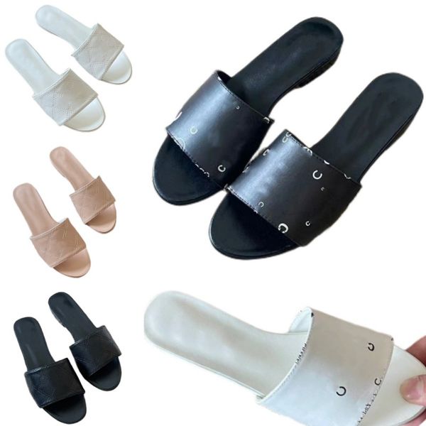 Zapatillas de playa de lujo para mujer, zapatos de diseñador de cuero superior, chanclas clásicas con letras, sandalias de verano para exteriores, negro, blanco, rosa, estampado de flores, zapatos antideslizantes con punta abierta