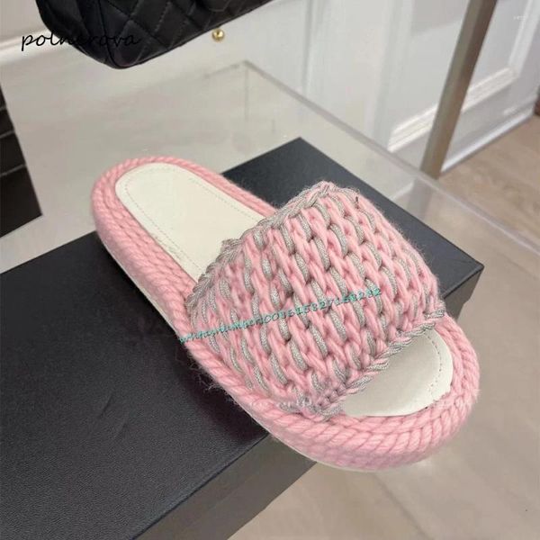 Zapatillas de lujo tejidas de lana de otoño suela gruesa punta redonda moda fuera de fiesta zapatos de vestir para mujeres 2024 elegante sexy