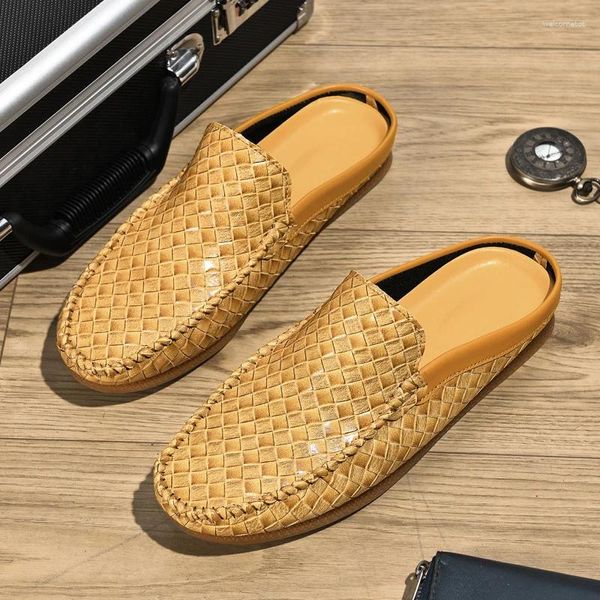 Pantoufles hommes mode demi chaussures de conduite mâle décontracté tissé motif Mules mocassins respirant mocassins Zapatos Hombre