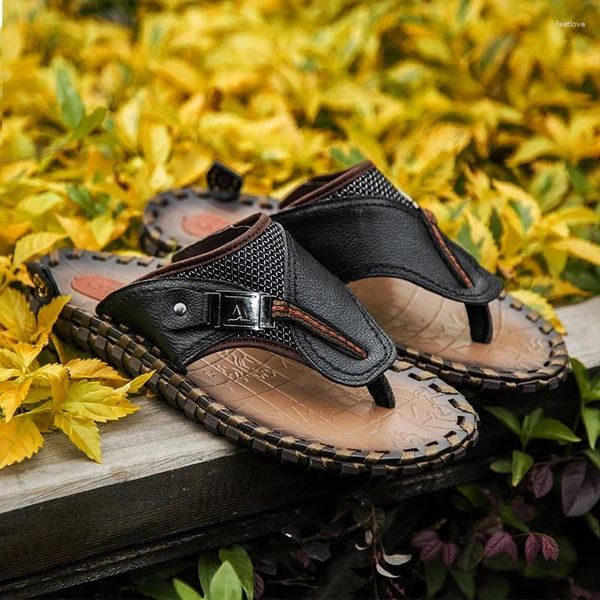 Zapatillas Hombres Sandalias De Cuero Zapatos Hechos A Mano Casual Playa Verano Antideslizante Chanclas Al Aire Libre Plano