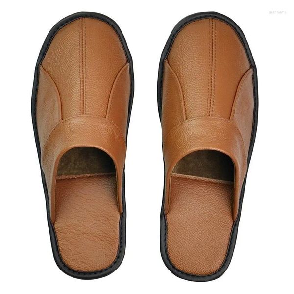 Zapatillas de lujo para hombre, zapatos hechos a mano de cuero de vaca, zapatos hechos a mano para el hogar, resbalón de primavera en suave, cómodo dormitorio marrón, plano interior