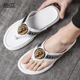 Hausschuhe Herren Sommer neue Mode tragen Trend Freizeit Strand Leder Flip-Flops Persönlichkeit rutschfeste Hausschuhe Zapatos Hombre T37