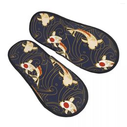 Slippers hommes femmes en peluche de poisson koi intérieur et vagues en motif de style japonais chaussures molles chaudes chaussures à la maison automne hiver 2024