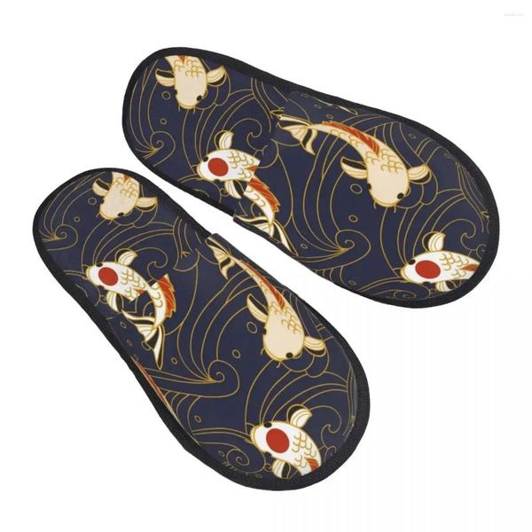 Zapatillas para hombres mujeres pelos de peluche pescado y olas de koi en el estilo de estilo japonés zapatos suaves cálidos calzado para el hogar otoño invierno 2024