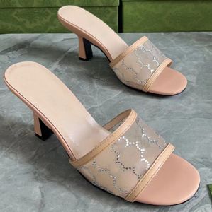 Slippers mesh vrouwen strass decoratie 7cm dikke hiel sandalen luxe designer schoenen casual open teen strand slipper