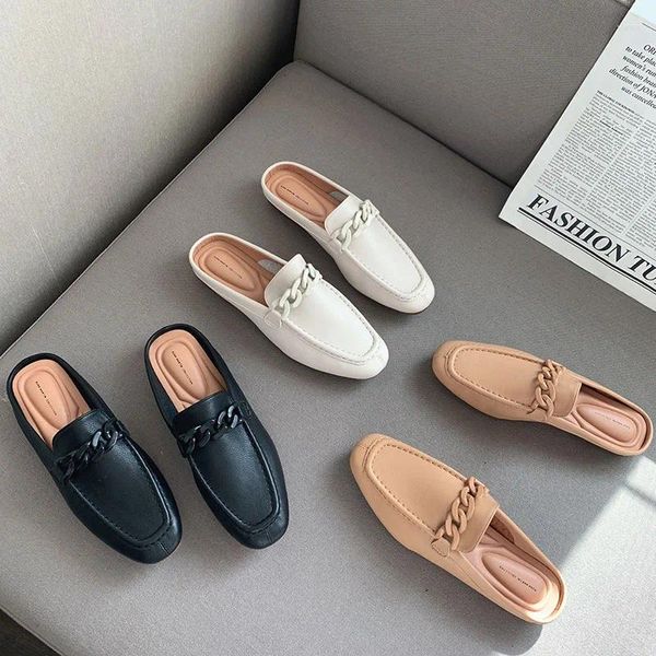 Slippers Metal Chain Summer Women Mules Slip on Flat Moofers Bureau Fermed Toe Moccasins Fashion Designer Pu Leather Casual Slides Chaussures