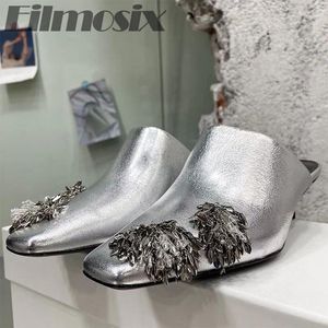 Slippers Metal Leaf String Bead Mules Women 2024 Square Toe Kitten Heel gesloten modeontwerperstijl