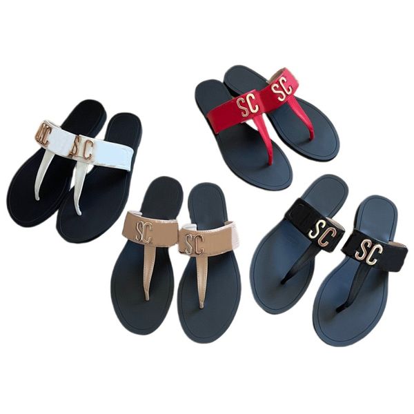 Pantoufles en métal lettre tongs en cuir véritable chaussures de créateur été femmes chaussures de plage sandales à talons plats intérieur hôtel diapositives extérieur antidérapant noir rouge blanc nu