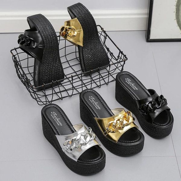 Zapatillas Cadena Metálica Mujer Diapositivas Verano Peep Toe Ancho Ajuste Plataforma Cuña Mule Sandalias En Tono De Color Dorado Plata Para