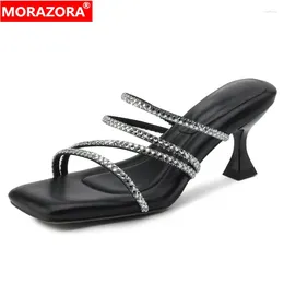 Slippers Morazora 2024 Slik Rhinestone Women Slipper Fashion Slip on Ladies Party Prom Shoes High Heels Outside Summer Femme