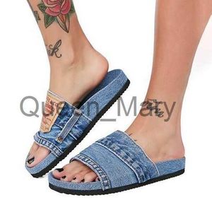 Pantoufles Nouveau 2023 Été En Plein Air Cowboy Dames Sandale Plage Couleur Unie Casual FlatHeeled Mode Jean Denim Lettres Pantoufles Épaisses J230621