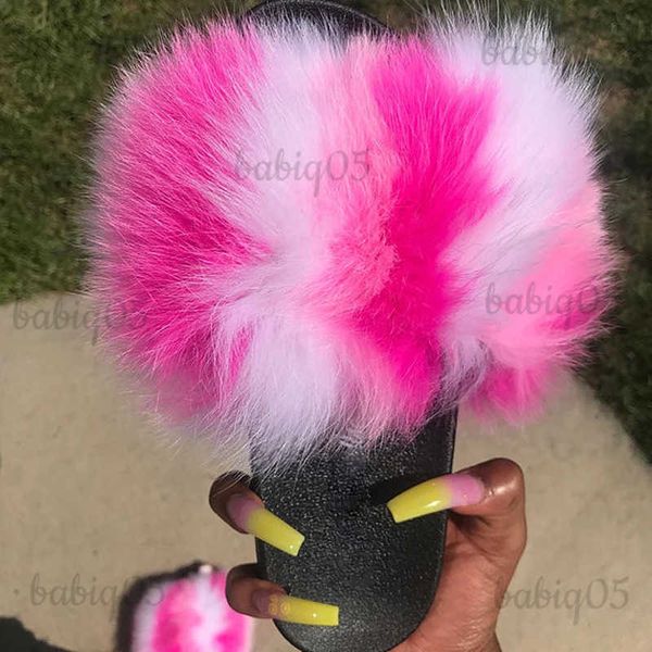 Pantoufles Nouveauté femmes réel fourrure pantoufles de luxe qualité personnalisé en gros diapositives dames en peluche moelleux couleur bonbon fourrure tongs chaude T231121