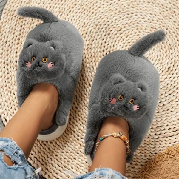 Zapatillas nuevas zapatillas de algodón de algodón mujer linda gato modelado pelaje mantenga cálido interior suave 2022 Fashion Home Nonslip Platform Ladies Zapatos