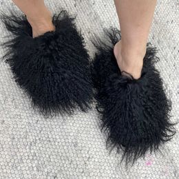 Hausschuhe Neue Design Flachen Boden Flauschigen Fuzzy Schuhe Lange Schaffell Rutsche Frauen Mongolischen Fell Hausschuhe dame winter mode warm