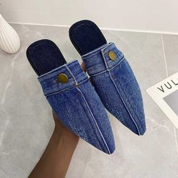 Slippels Nieuwe mode Blue Denim -stolsel puntige teen buitenglaasjes slingback muilezels slippen op flats eenvoudige vrouwen schoenen zomer sandalen j230417