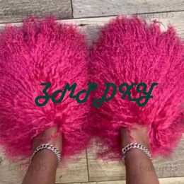 Slippers Nieuwe Pluizige Lang Haar Slippers Roze Schapenbont Slippers Winter Vrouwen Pluche Platte Schoenen Outdoor Indoor Slippers Mongoolse Bont Slides T231121