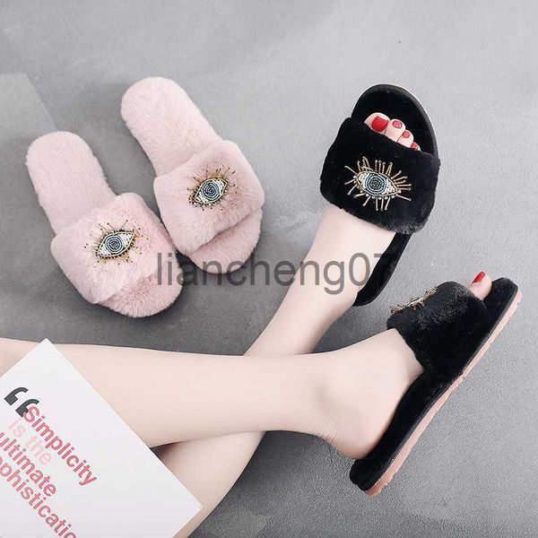 Pantoufles Nouvelle mode coréenne pantoufles de laine yeux mot plus femmes maison semelles souples peuvent porter des pantoufles de coton en gros x0916
