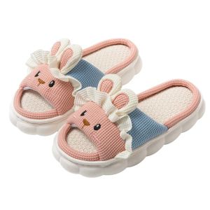 Slippers nieuwe vrouwen schattige katoenen linnen slippers mannen thuisschoenen kinderen huishouden cartoon konijn indoor vier seizoenen zachte niet -slip wollen glijbanen