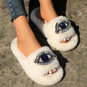 Slippers Nieuwe Dames Strass Grote Ogen Harige Slippers Pluche Verbazingwekkend Gezellig Warm Slides Teen Onbedekt Glanzende Ogen Slippers Dikke Zolen Hot T231121