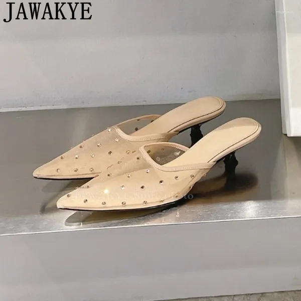 Zapatillas desnuda encaje de encaje puntiagudo tacones gatito tacones de gatito mujeres malla de malla dhinestone verano zapatos de fiesta sexy mulas