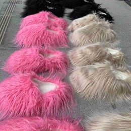 Zapatillas fuera de la moda Fluffy Sheep Mongolia Fur Sliper Shose para mujeres y hombres T230712