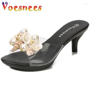 Slippers Pearl Shell Decoration Summer Transparent Sandales Nightclub Talons hauts Lovely Crystal Party Femmes Chaussures Grands