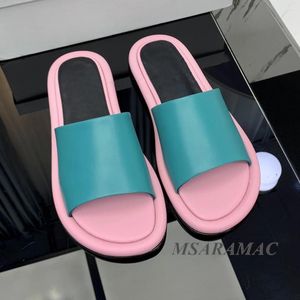 Slippers Roze Meerblauw Leer Stiksels Zacht Platform Echte Ronde Peep Toe Platte Strand Contrast Dames