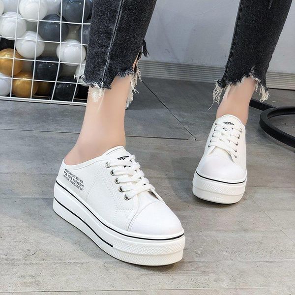 Zapatillas Plataforma Mulas Zapatos Mujer Suela Gruesa Sandalias De Lona Verano Punta Cerrada Con Cordones Negro Blanco