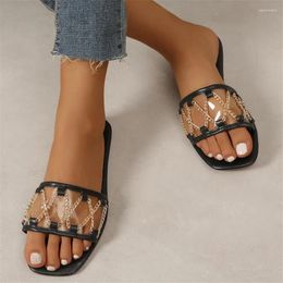 Slippers Plus Size 36-42 Black White Women plage plate 2024 Summer Metal Chain PVC Square Toe Chaussures extérieures Sandales femelles décontractées