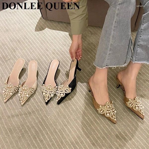 Pantoufles en peluche taille 35-42 femmes mode talons bas pointus mule chaussures marque diapositives brodé perles pantoufle en plein air tongs