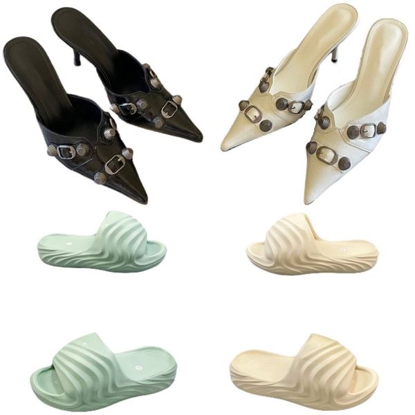 Zapatillas punta estrecha tacones altos sandalias de mujer de lujo zapatos de diseñador de letras clásicas zapatos de fiesta con hebilla de metal zapatos de playa de corredor de espuma zapatos de goma para hombres antideslizantes