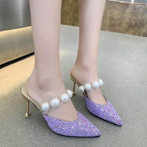 Pantoufles pointues pour femmes, chaussures de styliste, diapositives en perles, talons hauts, escarpins de luxe pour dames, sandales à talons hauts