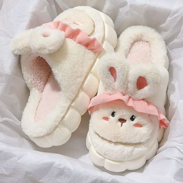 Slippers Princess Bunny Slippers Femme's Winter Winter Warm Plateforme Mule Chaussures Filles Migne Lace Lace Rabbit Ear Slipper Femme Fluffy Slides Home Shoe