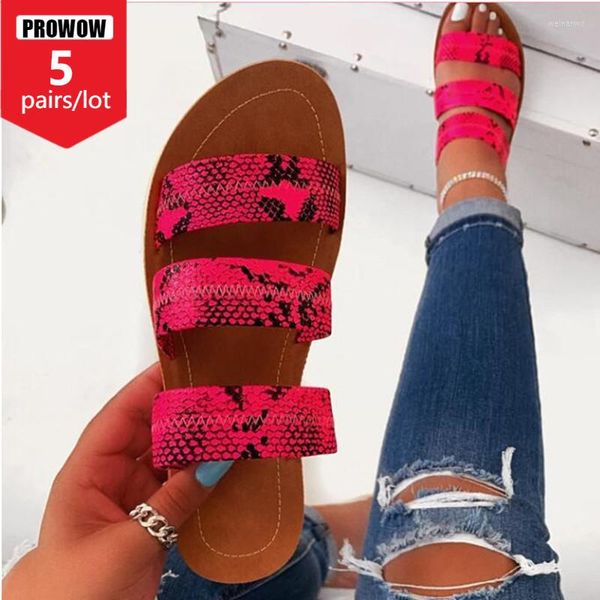 Pantoufles PROWOW vente en gros femmes 2023 été serpent imprimé diapositives un mots plat extérieur plage sandales à la mode maison chaussures en vrac 7223