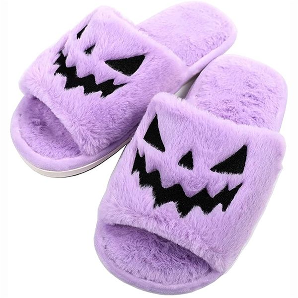 Pantoufles Violet Halloween Fuzzy House Pantoufles Jack O Lantern Citrouille Chaussures Drôle Kawaii Pantoufles pour Filles Claquette Femme 220913