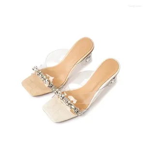 Pantoufles en PVC transparentes, sandales à tête carrée, bout ouvert, talons hauts, tongs décoratives en cristal scintillant, chaussures simples